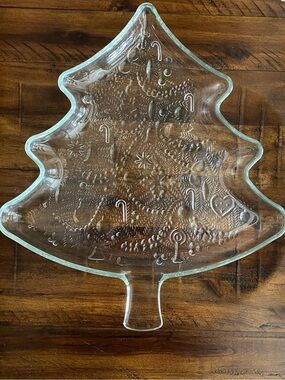 Vintage Indiana Glass Clear Textured Christmas Tree Serving Platter Holiday Tray